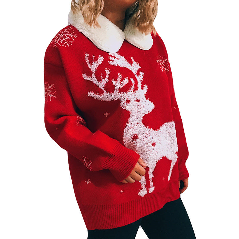 Stitched Lapel Long-sleeved Christmas Themed Sweater